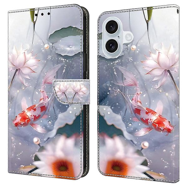 För iPhone 16 Skal Mönstertryckt Skyddande Läder Flip Fodral - Panda Multicolor Koi Carp