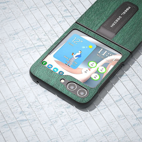 Til Samsung Galaxy Z Flip5 5G Trætekstur Bagside PU Læder+PC Støtteben Telefon Cover Multicolor Style C