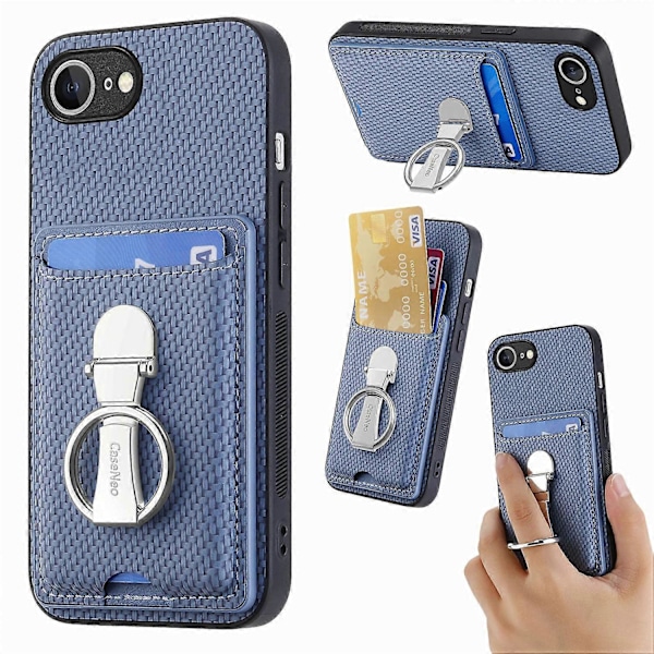 Läderfodral med Ställ och Kortfack i Kolfibertextur för iPhone 16e Multicolor Blue