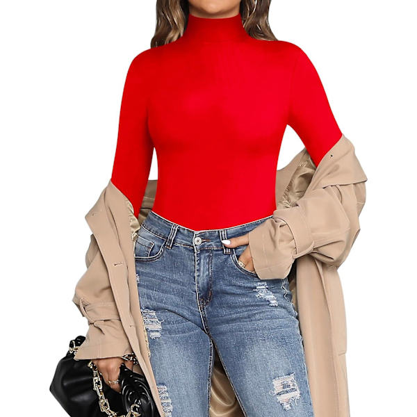 Dame Mock Turtle Neck Langærmet Toppe Bodysuit Jumpsuit Long Sleeve Red X-Large