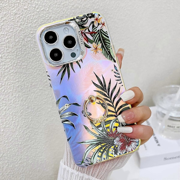 Blommig Lasertextur Skal för iPhone 15 Pro Max med Ringstativ Multicolor Style L