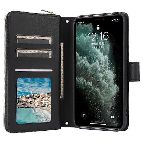 Til iPhone 11 Pro Max Etui Lynlås Pung Rombe Telefon Læder Cover med Skulderrem Multicolor Style A