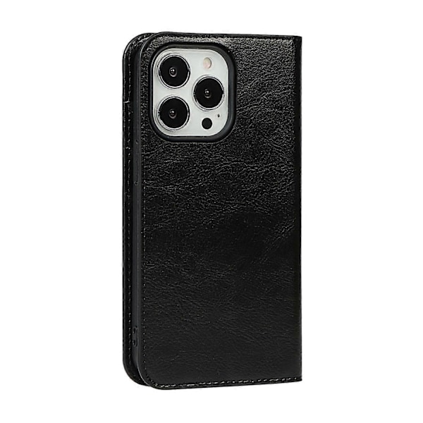 Ægte Læder Folio Flip Wallet Cover med Støttefod til iPhone 13 Pro 6.1 tommer - Sort