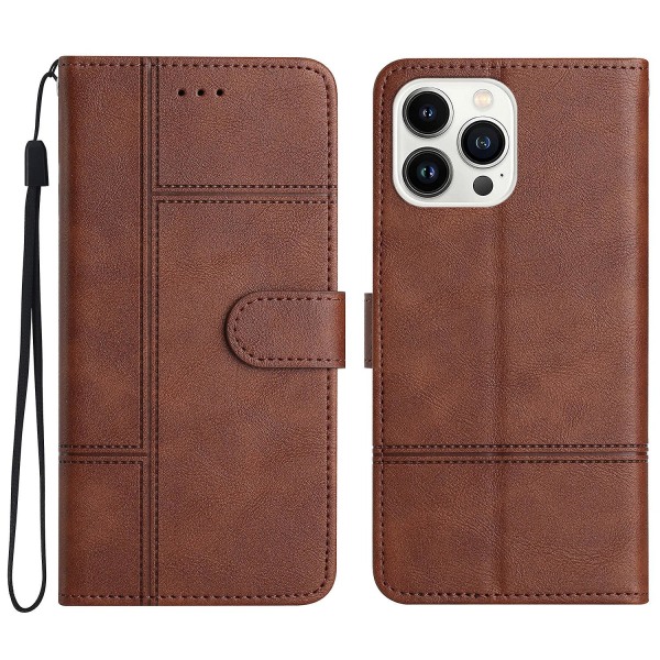 Phone case för Iphone 15 Pro, läderplånbokslinje med tryckt cover Coffee