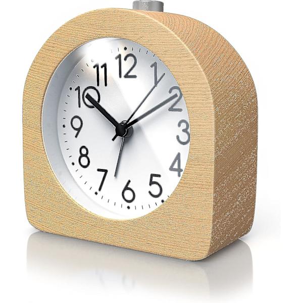 Analog Vækkeur Uden Tikken - Halvcirkelformet - Lyst Træ - Retro Design - Lydløs - Rejsevækkeur - Snooze Funktion