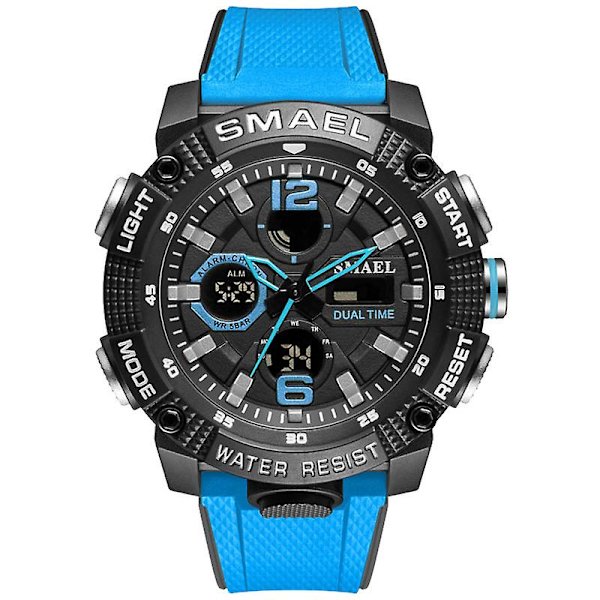 Smael Dual Time Led Display Digital watch För män Vattentät Simning Quartz Sportklockor Auto Date Alarm Clock Armbandsur 8039 Blue