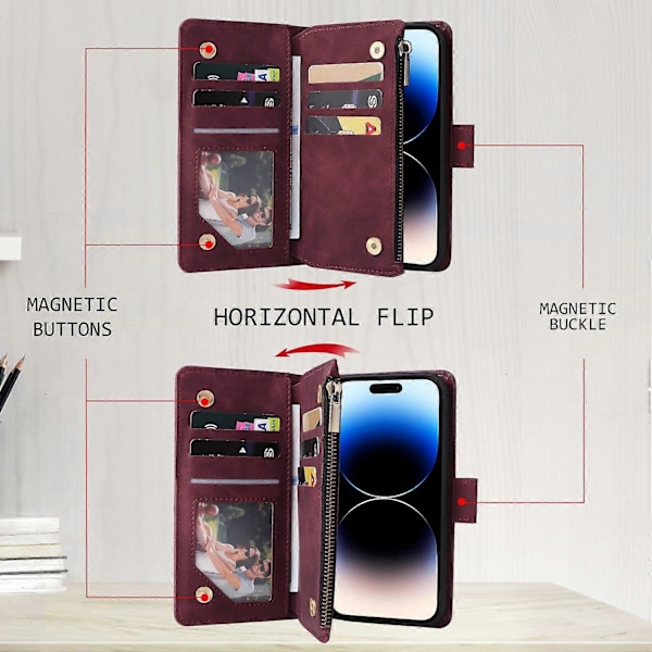 Lynlåspung PU læder stativ faldbestandigt cover til iPhone 15 Pro mobiltelefonetui Multicolor Wine Red