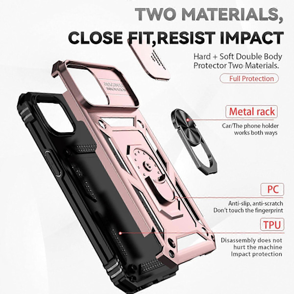 Skal med skjutbart kameraskydd för iPhone 15 Plus Fodral Metallring Ställ PC+TPU Skydd Multicolor Style D