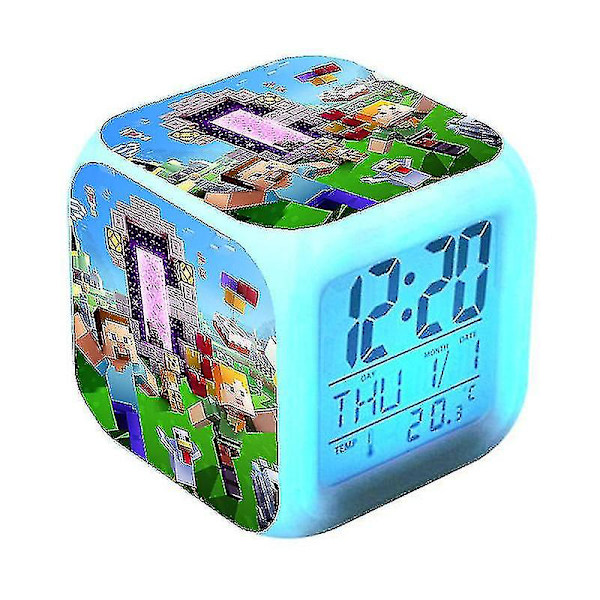 Minecraft färgglada väckarklocka färgskiftande ljus Anime tecknad klocka Mute Night Light