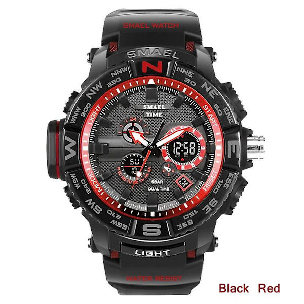 Herr Sportklockor Smael Märke Dual Display Watch Herr Led Digital Analog Elektronisk Quartz Watches 30m Vattentät manlig klocka Black  Red