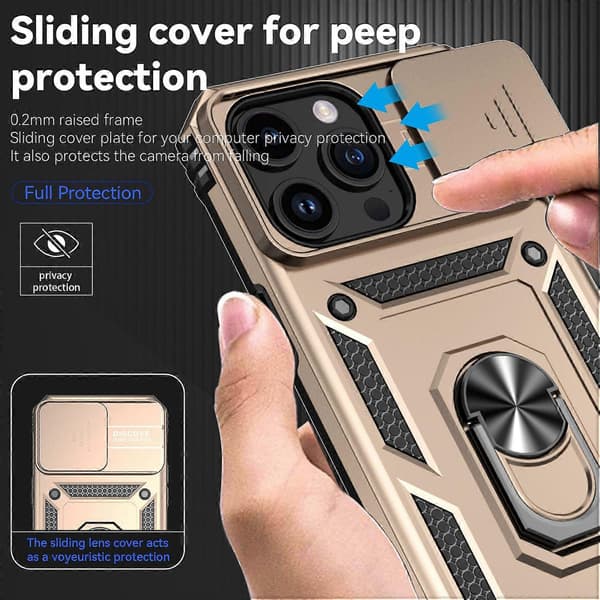 For iPhone 15 Pro Max Deksel Ring Stativ Skyvbar Kamerabeskyttelse PC+TPU Cover Multicolor Style E