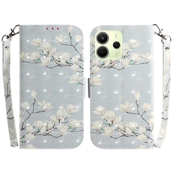 Til Xiaomi Redmi Note 14 4G Etui Mønstertryk Læder Wallet Telefon Cover med Håndledsrem Multicolor Magnolia