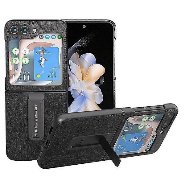 Til Samsung Galaxy Z Flip5 5G Trætekstur Bagside PU Læder+PC Støtteben Telefon Cover Multicolor Style D