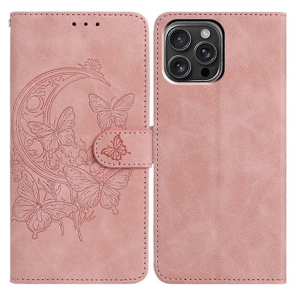 iPhone 16 Pro Max -kotelo, perhoskukka-kuvioitu PU-nahkainen lompakkokotelo jalustalla Multicolor Rose Gold