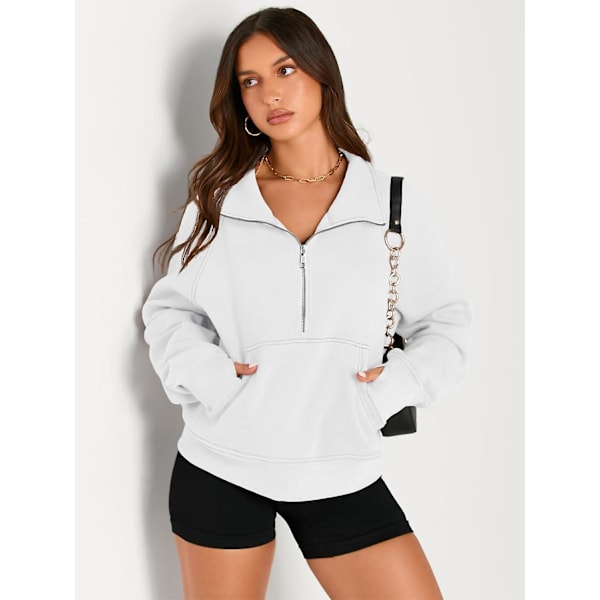 Damtröjor Halv dragkedja Cropped Pullover Fleece Quarter Zipper Huvtröjor Höstkläder Kläder Tumhål White X-Large