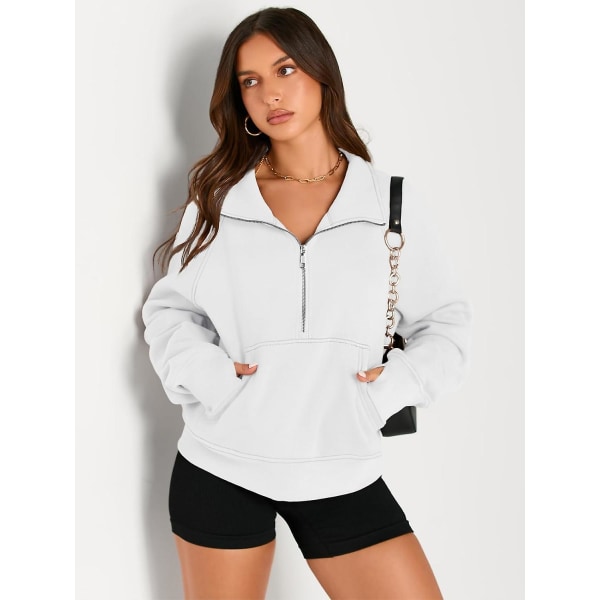 Damtröjor Halv dragkedja Cropped Pullover Fleece Quarter Zipper Huvtröjor Höstkläder Kläder Tumhål White X-Small