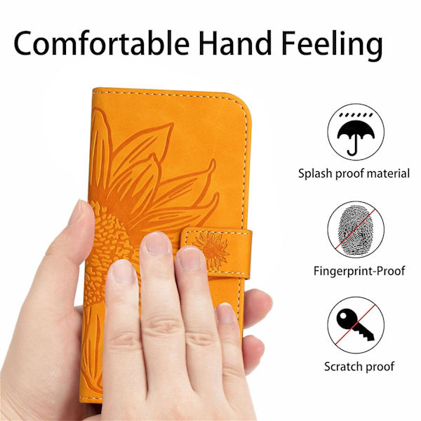 Til Samsung Galaxy A22 5g (EU Version) Ht04 Præget Solsikke Pu Læder Smartphone Cover Stativ Stødsikker Hud-venlig Telefon Wallet Etui Med Skulderrem Yellow