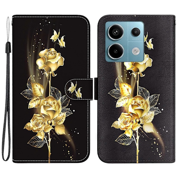 Pung Etui til Xiaomi Redmi Note 13 Pro 5G/Poco X6 5G Telefon Læder Cover Mønster Print Multicolor Gold Butterfly Rose