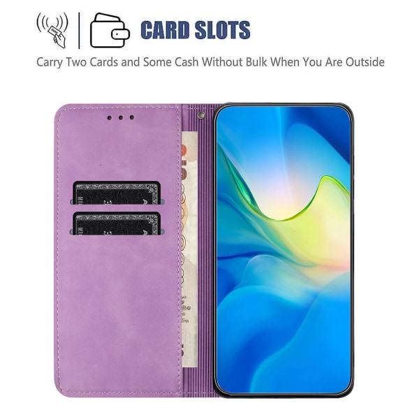 Wallet Case til iPhone 15 Plus Foldbart Stativ PU Læder Retro Blomsterpræget Telefoncover Purple