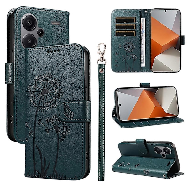 Xiaomi Redmi Note 13 Pro+ 5G Nahkakotelo Lompakko Puhelinkotelo Voikukan Kuvio - Vihreä Multicolor Blue