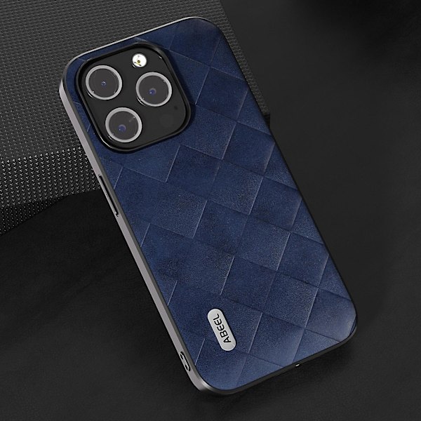 För Iphone 15 Pro Max repsäkert Pu-läderbelagd Pc+tpu Phone case Grid Texture Cover Blue