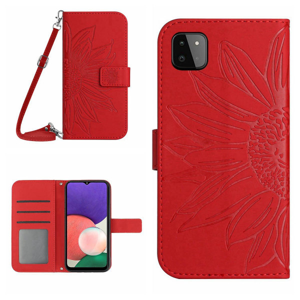 Til Samsung Galaxy A22 5g (EU Version) Ht04 Præget Solsikke Pu Læder Smartphone Cover Stativ Stødsikker Hud-venlig Telefon Wallet Etui Med Skulderrem Red