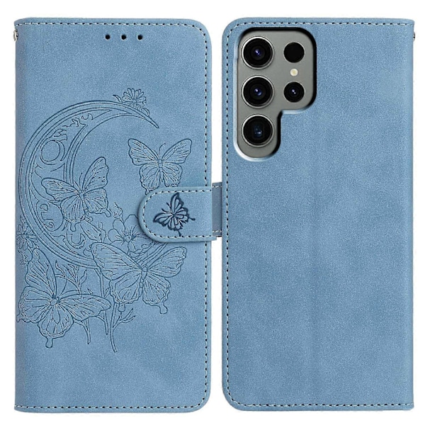 Til Samsung Galaxy S24 Ultra Etui Sommerfugl Blomst Præget PU Læder Wallet Stand Telefon Cover Multicolor Sky Blue