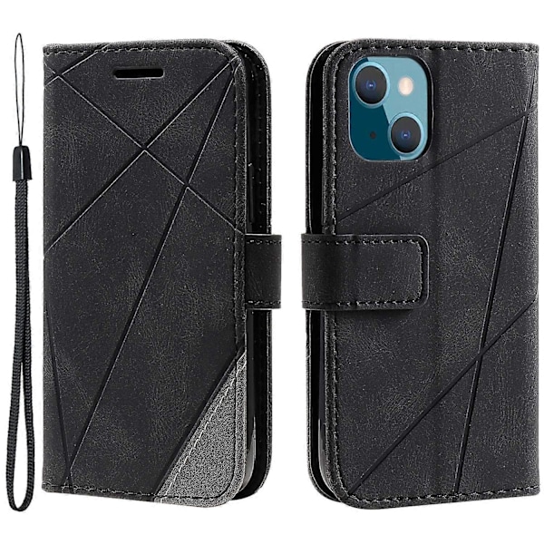 Plånboksfodral för iPhone 14 med skarvat läder, stativ och handrem Multicolor Style B