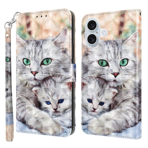 Skal till iPhone 16 Plus med Ställ, Mönstertryck, Läderfodral - Stående Katt Multicolor Two Cats