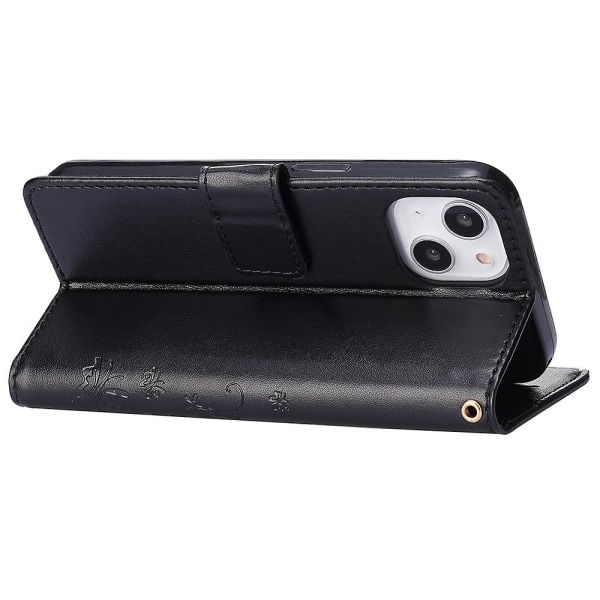 För Iphone 15 Plus Pu Läder Cover Phone case Imprinted Butterflies Shell Stand with rem Black