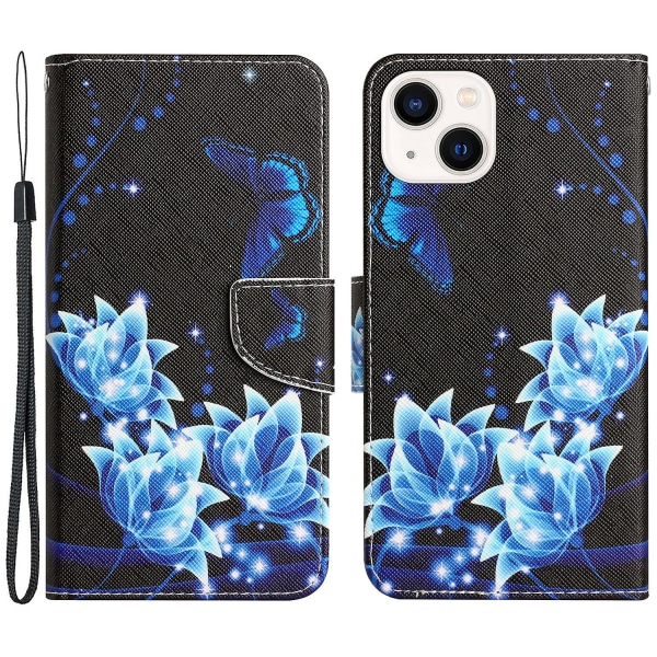 För Iphone 15 Plus Folio Pu Läderställ Case Mönstertryck Cover med rem Blue Butterfly