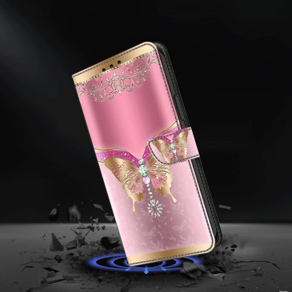 För Sony Xperia 10 V skyddande case 3d-mönsterutskrift Pu- cover med stativ Pink   Gold Butterfly