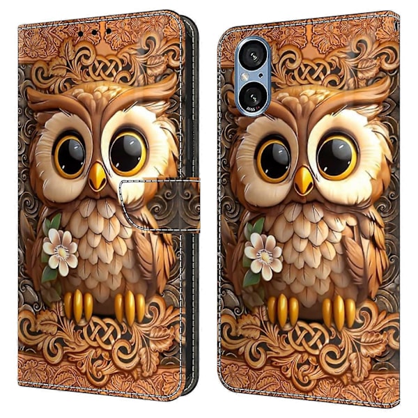 Skal för Sony Xperia 5 V med kortfack, mönstrad tryckt TPU+PU Läder Flip Fodral Multicolor Red Owl