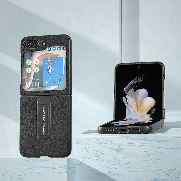 Til Samsung Galaxy Z Flip5 5G Bagcover Støtteben Ægte Koskindslæder+PC Telefoncover Multicolor Style C