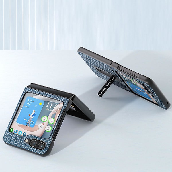 Ylellinen teksturoitu jalustakotelo Samsung Galaxy Z Flip5 5g -puhelimelle, aitoa lehmännahkaa + PC-puhelinkotelo Blue