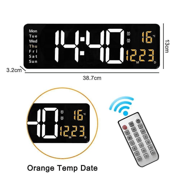 Väggmonterad digital väggklocka Fjärrkontroll Temp Datum Vecka Visning Av Minnesbord Klockalarm
