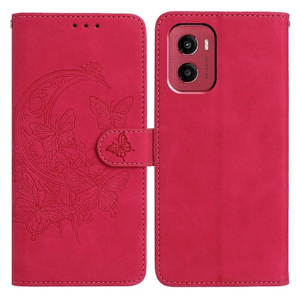 Til Motorola Moto G05 4G/ E15 4G Etui Sommerfugl Blomst Præget PU Læder Pung Stativ Telefon Cover Multicolor Rose