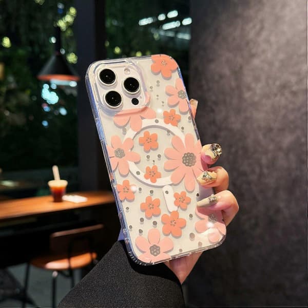 Magnetisk deksel til iPhone 15 Pro Max, IMD blomstermønster TPU+PC Klar bakside Multicolor Style A