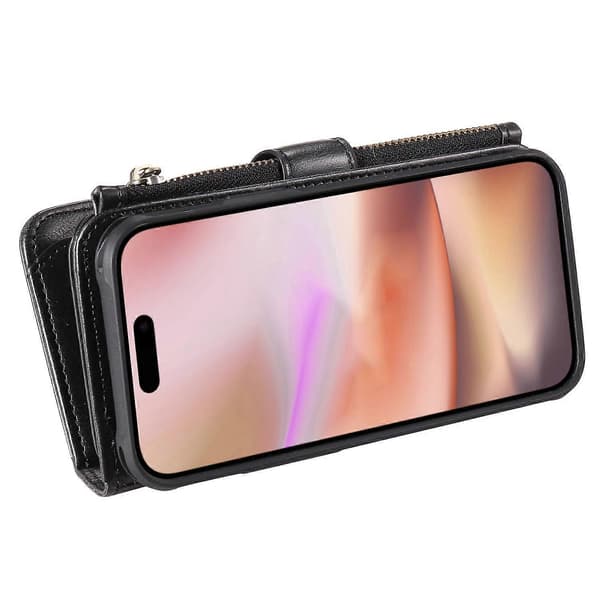 KT Multi-Functional Series-3 Deksel til iPhone 16 Plus PU-Lær Glidelås Lommebok Avtakbart Deksel Multicolor Black