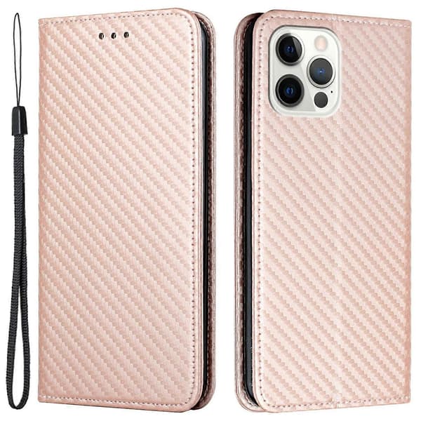 För iPhone 15 Pro Max Kolfibertextur PU Läder+TPU Plånboksfodral Vikbart Ställ Telefonskal Multicolor Style C