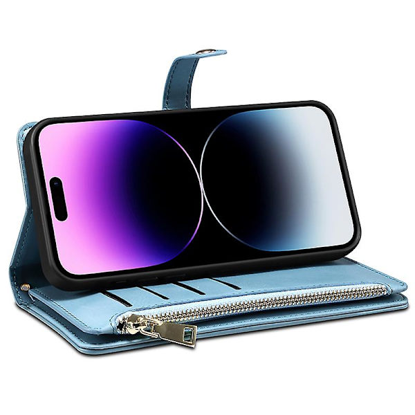 Rfid-blokerende telefoncover til Iphone 15 Pro Max, lynlåslomme Pu-læder Stand Wallet Cover Blue