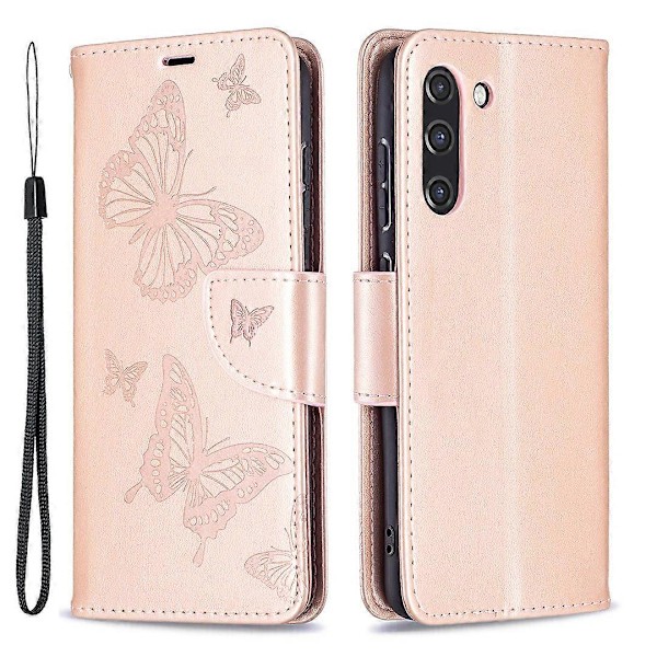 Imprint Fjäril Plånbok Läder Ställ Fodral för Samsung Galaxy S21 FE 5G Multicolor Style A
