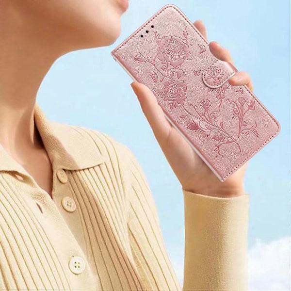 Til Samsung Galaxy A25 5G Wallet Case Rose Mønster Præget Læder Flip Stand Telefon Cover Multicolor Rose Gold