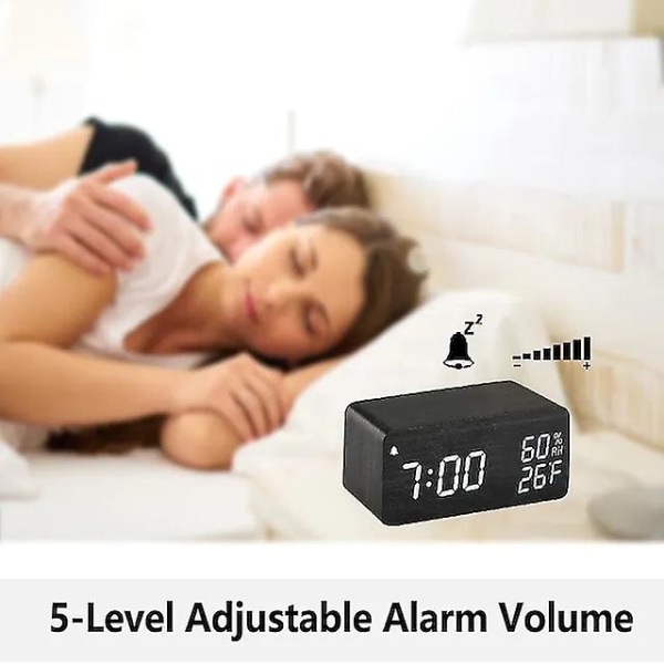 Digitalt Vækkeur i Træ med Trådløs Opladning, 3 Alarmer, LED-Display, Lydkontrol og Snooze, Kompatibelt med Soveværelse og Kontor