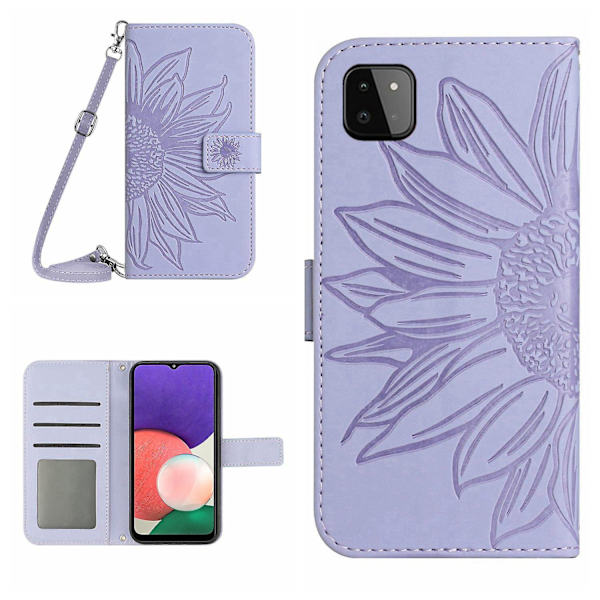 Til Samsung Galaxy A22 5g (EU Version) Ht04 Præget Solsikke Pu Læder Smartphone Cover Stativ Stødsikker Hud-venlig Telefon Wallet Etui Med Skulderrem Light Purple