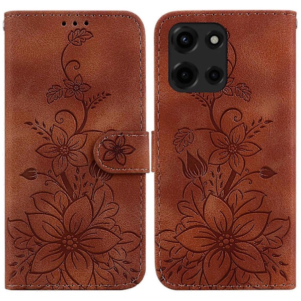 Til Motorola Moto G Power (2025) Etui Lily Blomst Præget Læder Telefon Cover med Støttefod Multicolor Brown