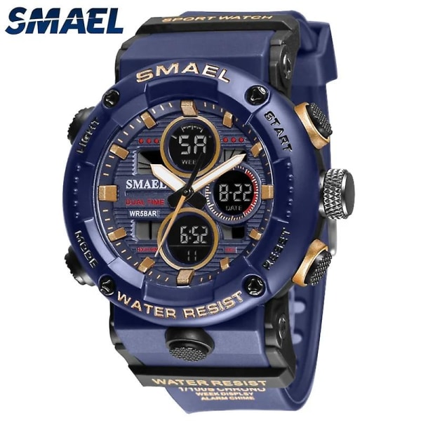 Smael Mode Sportklockor Män Oversized Vattentät 5bar Led Väckarklocka Man Digital Watch 2021 Modern Military Armbandsur 8038 Dark Blue