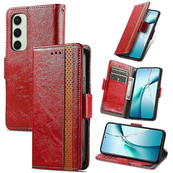 CASENEO 002 -sarja Samsung Galaxy S24 FE -kotelolle, jalustallinen lompakkokotelo, yhdistetty PU-nahkakansi - Tummanruskea Multicolor Red