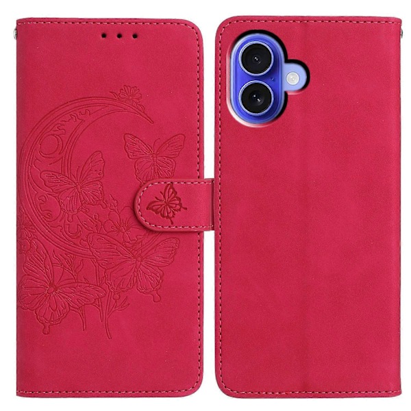 For iPhone 16 Etui Sommerfugl Blomst Præget PU Læder Pung Stand Telefon Cover Multicolor Rose