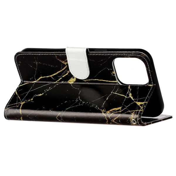 iPhone 15 Pro Lompakkokotelo PU-nahkaa, kuvioitu, jalustalla, pudotussuoja Black Gold Marble